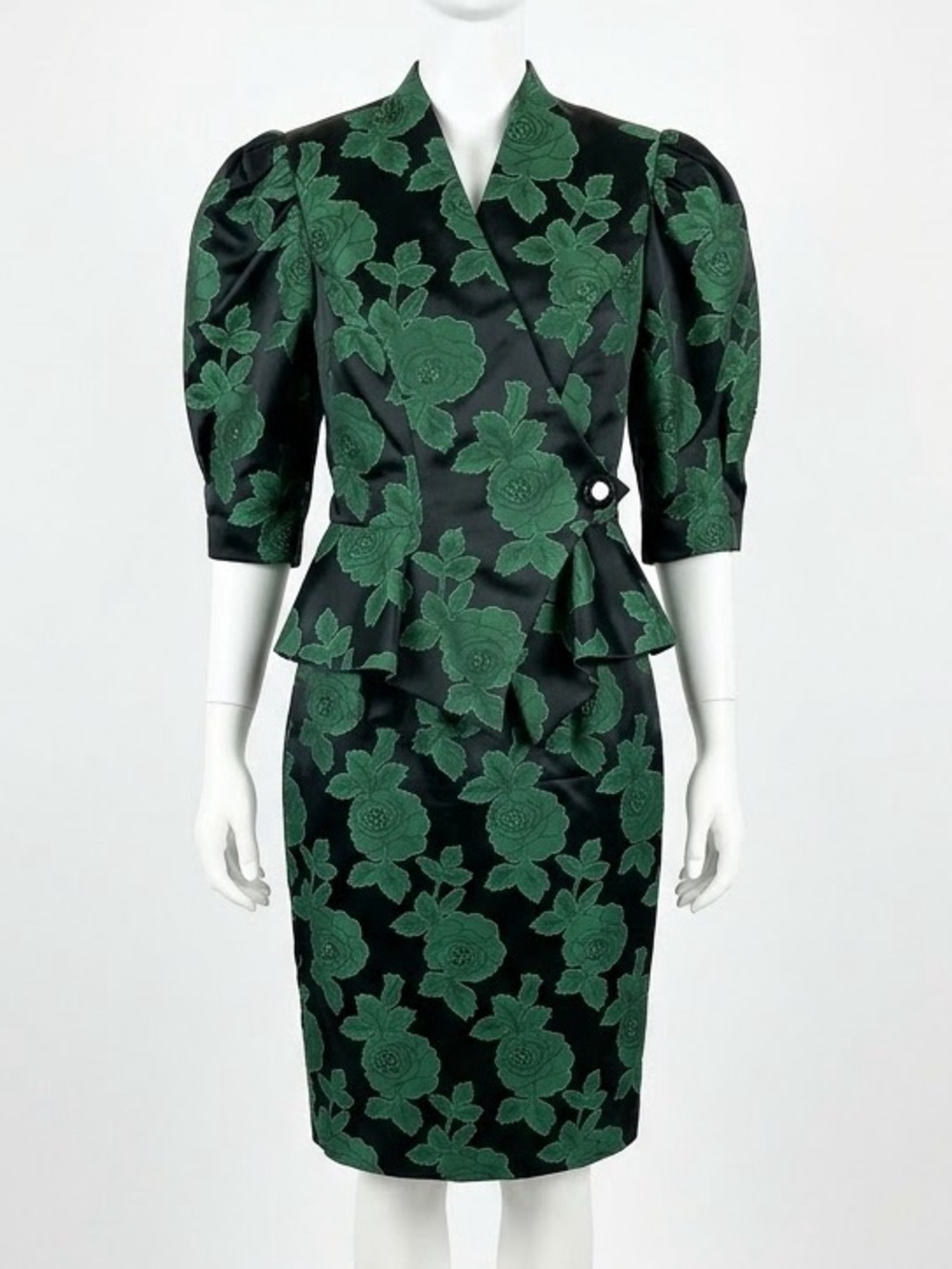 Vintage 1980s Couture Emerald Green Floral Jacquard Brocade Two-Piece Suit Set